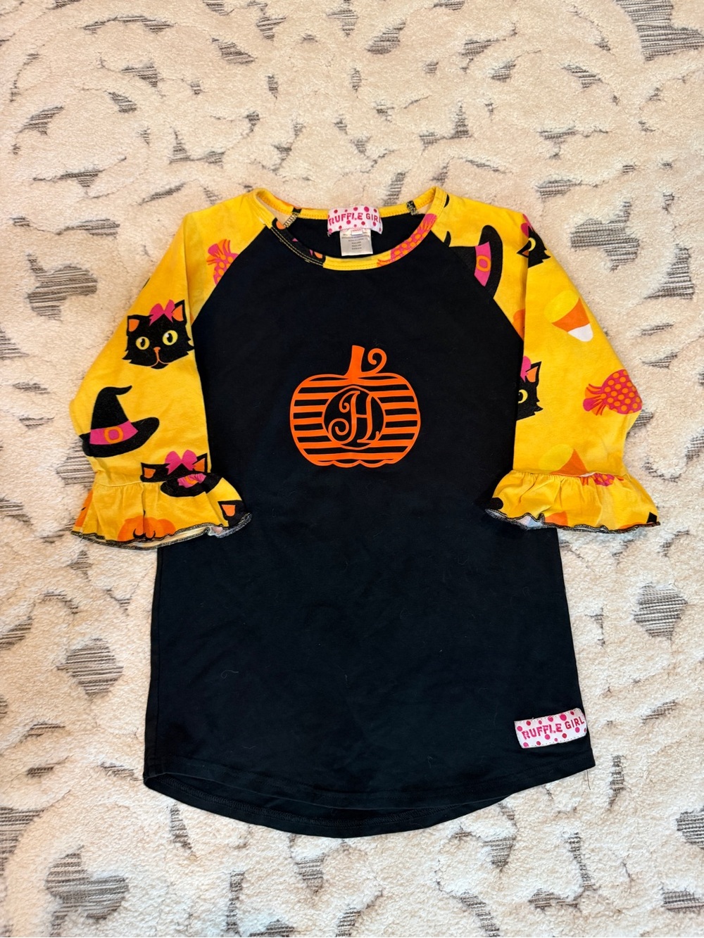 Ruffle Girl Black Pumpkin Monogram “H” Raglan Top - Yellow Cat Sleeves sz 12/14